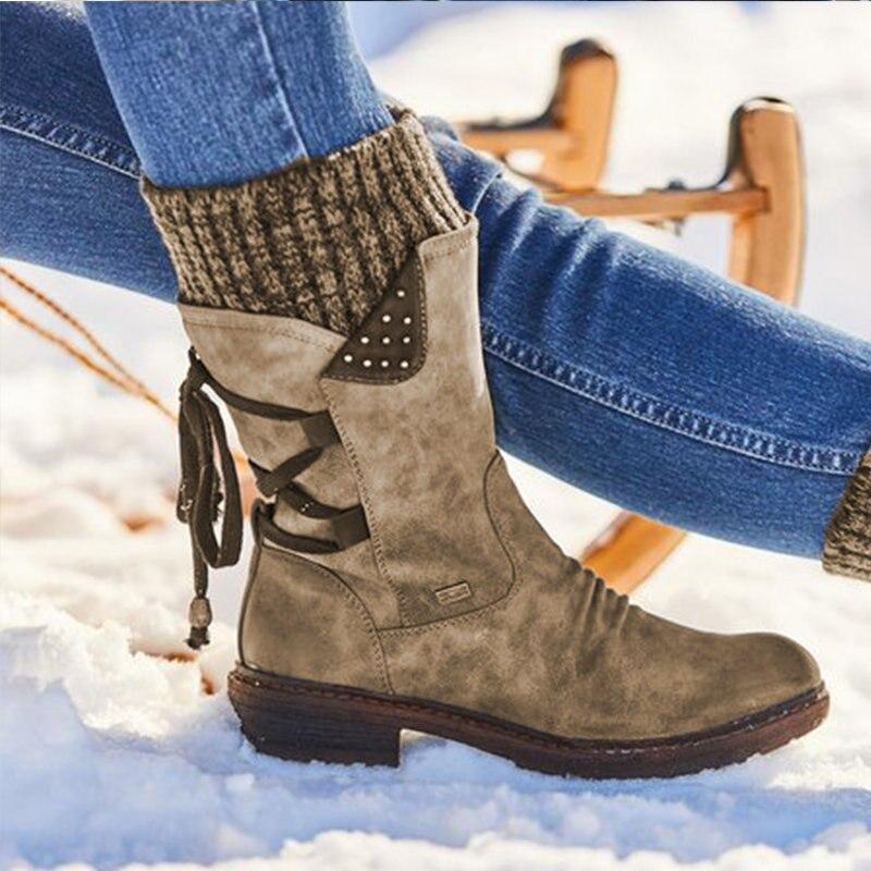 Bottes de neige mi-mollet larges à lacets et dos chaud pour femmes
