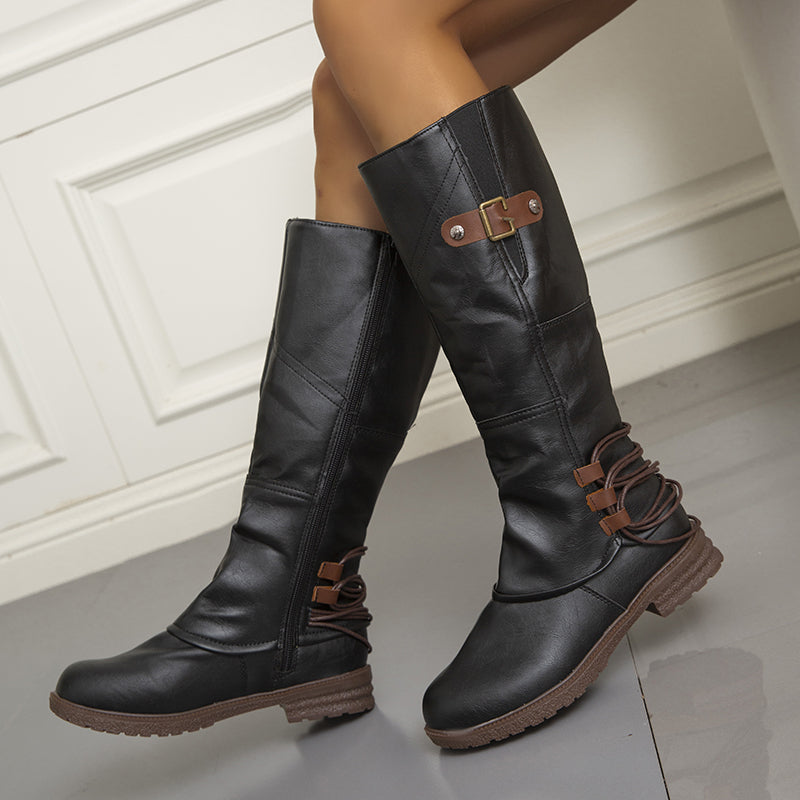 Bottes montantes à fermeture éclair en cuir vintage pour femmes