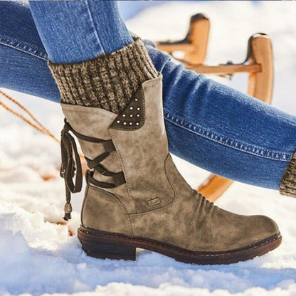 Bottes de neige mi-mollet larges à lacets et dos chaud pour femmes 