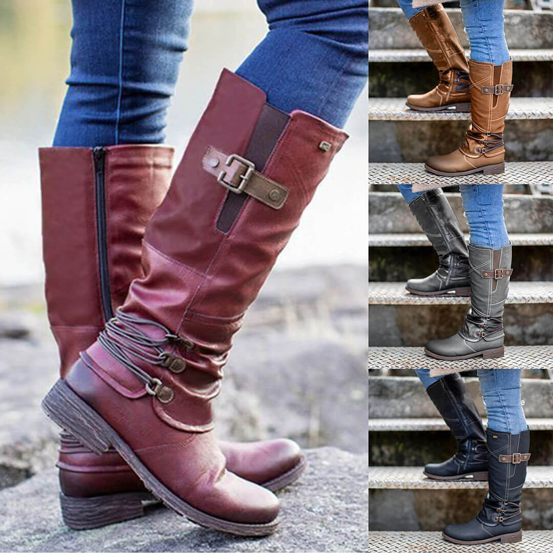 Bottes montantes à fermeture éclair en cuir vintage pour femmes