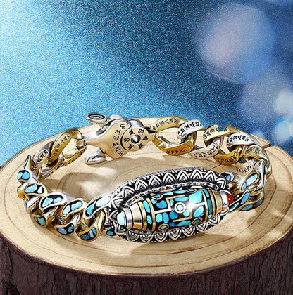 Turquoise Six-character Mantra Nine-eyed Dzi Bead Bracelet