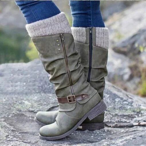 VENTE CHAUDE 45% DE RÉDUCTION🔥Bottes en cuir à talon plat et larges à fermeture éclair mi-mollet pour femmes