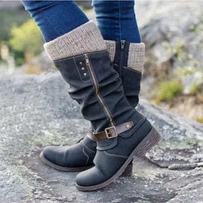 VENTE CHAUDE 45% DE RÉDUCTION🔥Bottes en cuir à talon plat et larges à fermeture éclair mi-mollet pour femmes