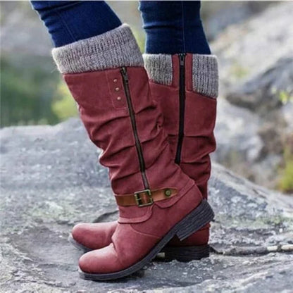 VENTE CHAUDE 45% DE RÉDUCTION🔥Bottes en cuir à talon plat et larges à fermeture éclair mi-mollet pour femmes