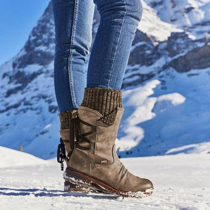 Bottes de neige mi-mollet larges à lacets et dos chaud pour femmes 