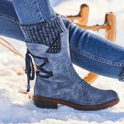 Bottes de neige mi-mollet larges à lacets et dos chaud pour femmes 