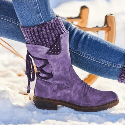 Bottes de neige mi-mollet larges à lacets et dos chaud pour femmes 