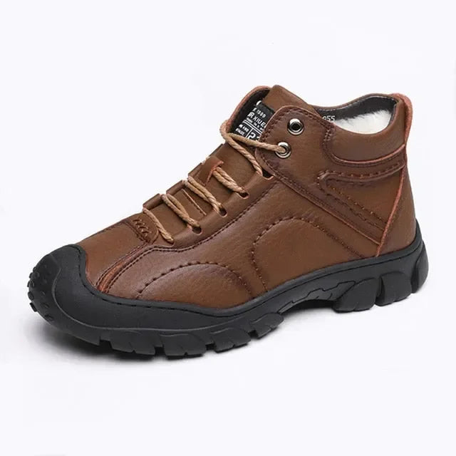 On This Week Sale Off 🎁 Men's Brown Leather Waterproof Non-Slip Winter Fleece Ankle Boots