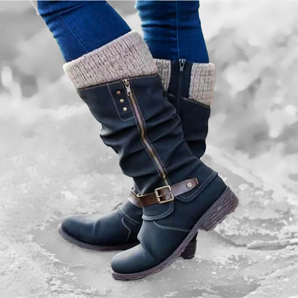 VENTE CHAUDE 45% DE RÉDUCTION🔥Bottes en cuir à talon plat et larges à fermeture éclair mi-mollet pour femmes