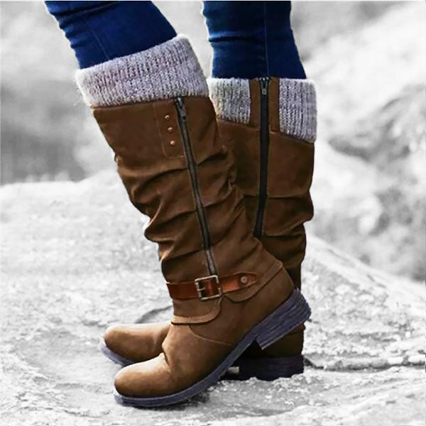 VENTE CHAUDE 45% DE RÉDUCTION🔥Bottes en cuir à talon plat et larges à fermeture éclair mi-mollet pour femmes