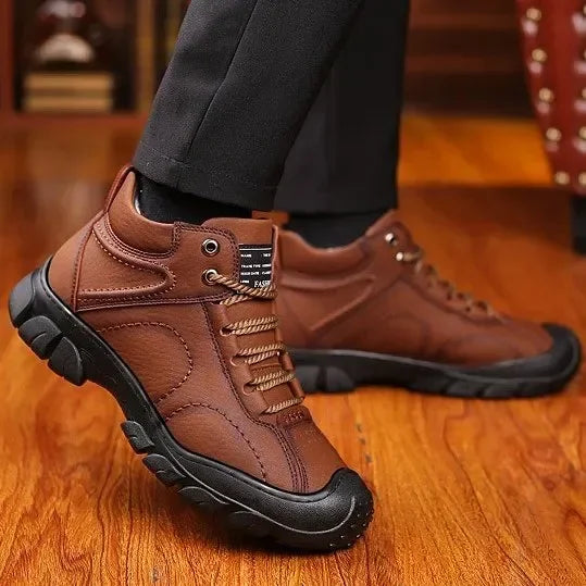 On This Week Sale Off 🎁 Men's Brown Leather Waterproof Non-Slip Winter Fleece Ankle Boots