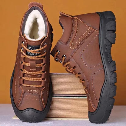 On This Week Sale Off 🎁 Men's Brown Leather Waterproof Non-Slip Winter Fleece Ankle Boots