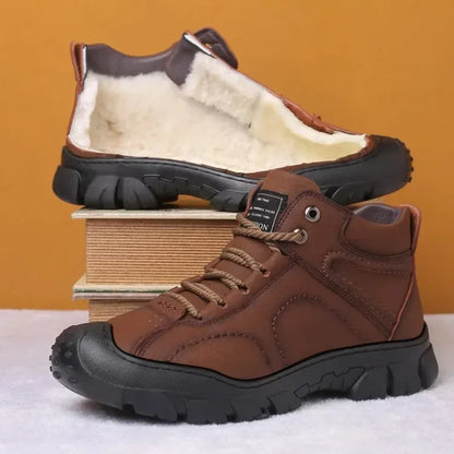 On This Week Sale Off 🎁 Men's Brown Leather Waterproof Non-Slip Winter Fleece Ankle Boots