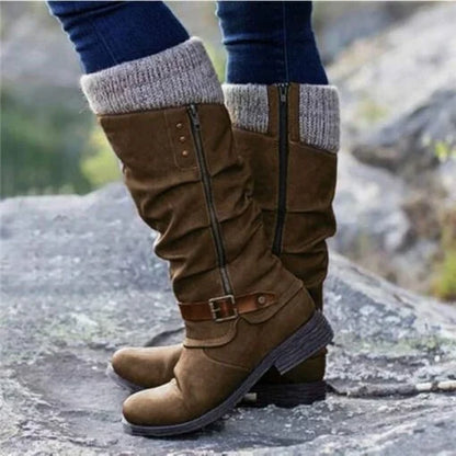 VENTE CHAUDE 45% DE RÉDUCTION🔥Bottes en cuir à talon plat et larges à fermeture éclair mi-mollet pour femmes