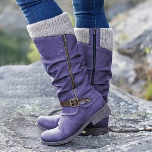 VENTE CHAUDE 45% DE RÉDUCTION🔥Bottes en cuir à talon plat et larges à fermeture éclair mi-mollet pour femmes