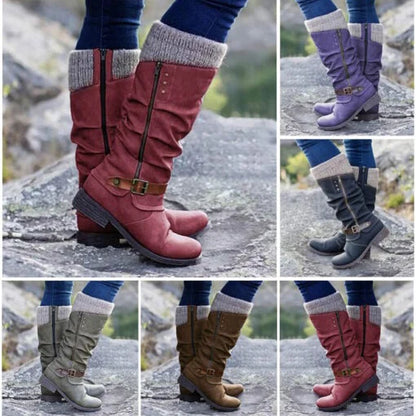 VENTE CHAUDE 45% DE RÉDUCTION🔥Bottes en cuir à talon plat et larges à fermeture éclair mi-mollet pour femmes