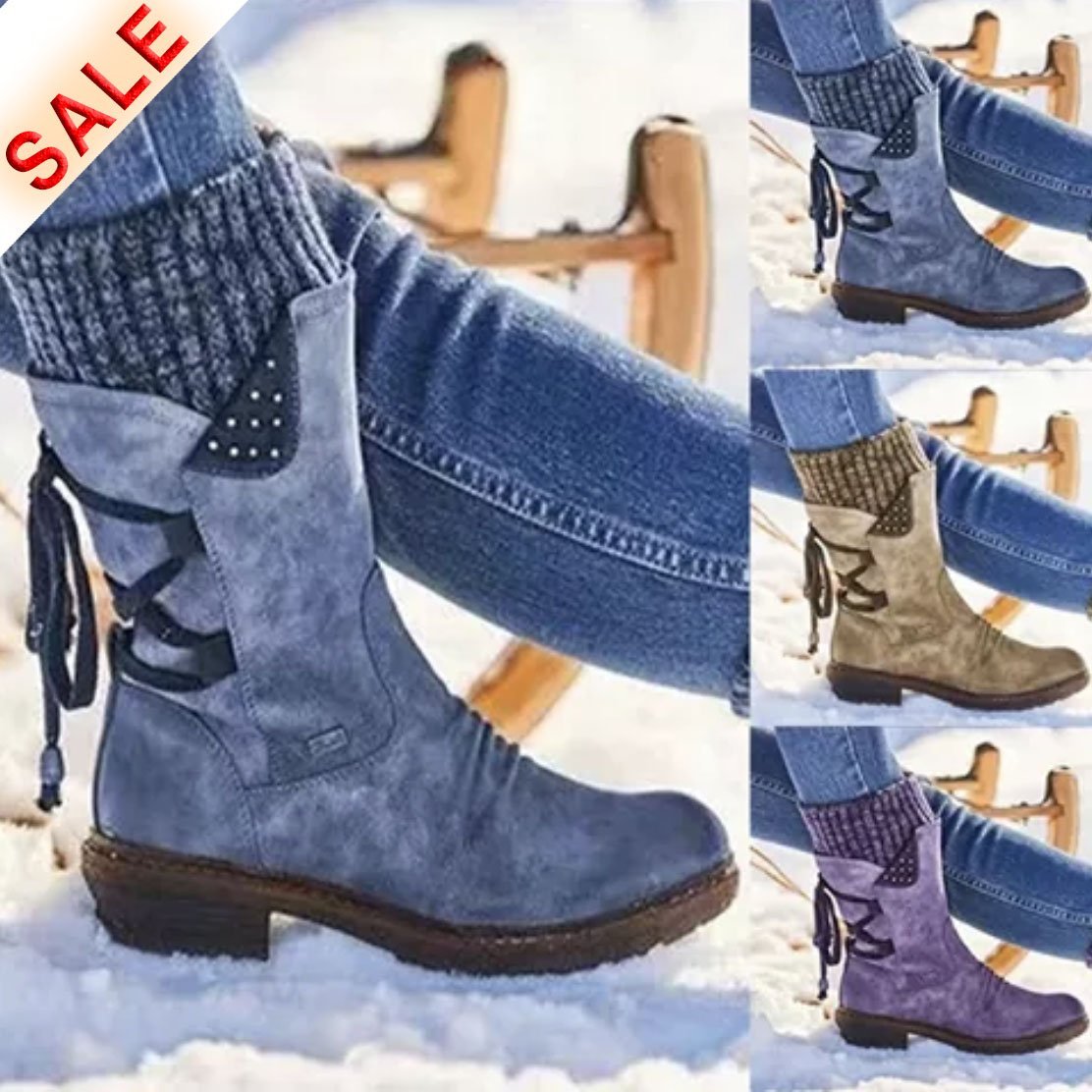 Bottes de neige mi-mollet larges à lacets et dos chaud pour femmes 